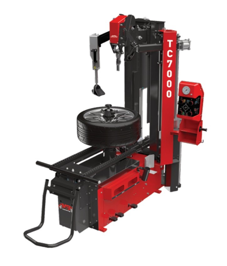 M&B Engineering TC7000 super-automatic leverless tyre changer for car, SUV and commercial vehicle wheels up to 30 inches.